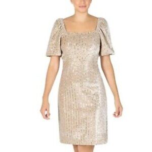 Julia Jordan Ivory Sequin Puff Sleeve Velvet Sheath Dress Gray Tan Size 8 #3015
